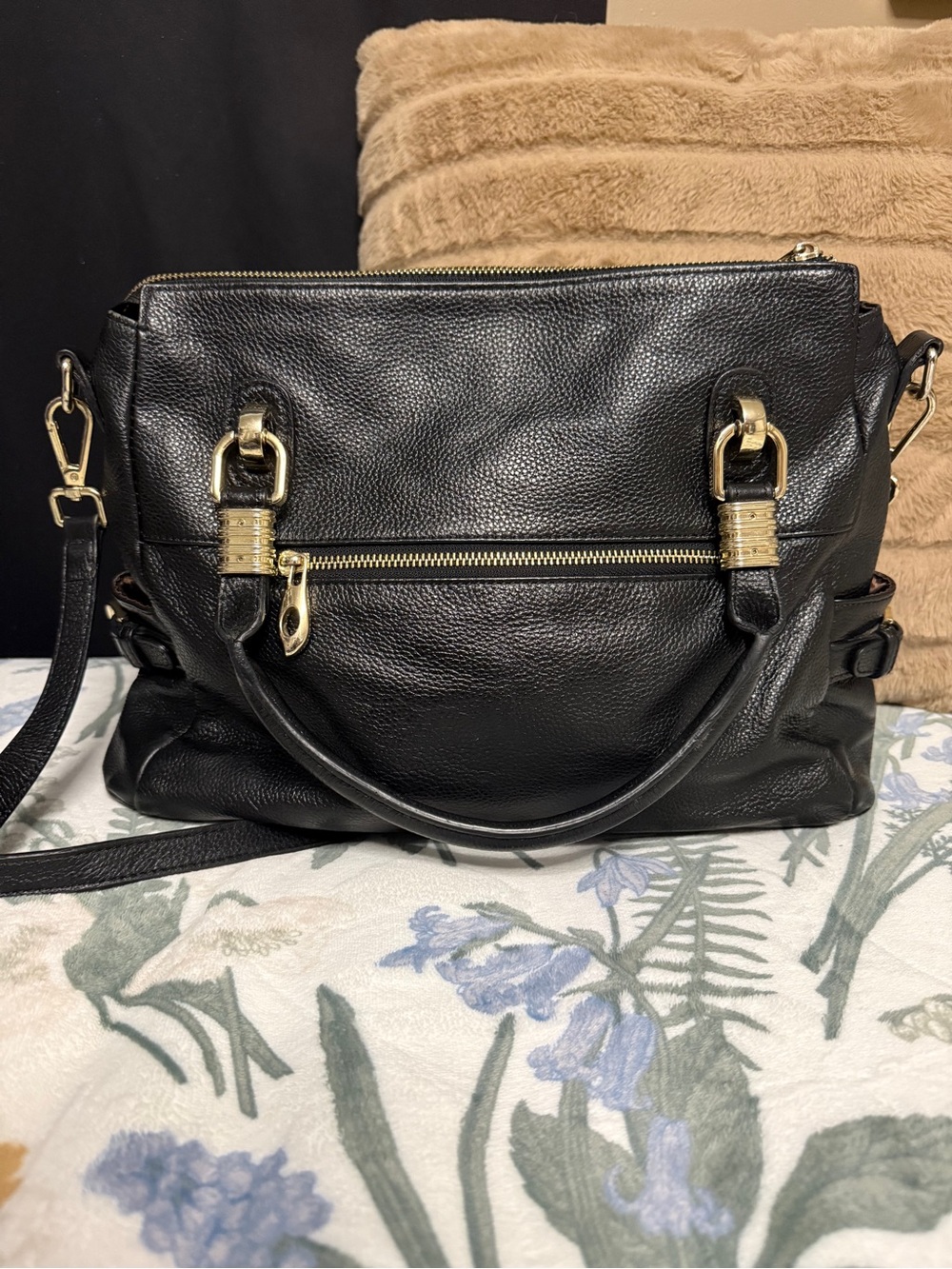 Black Pebbled Leather Crossbody Satchel | Beautiful Gold Hardware